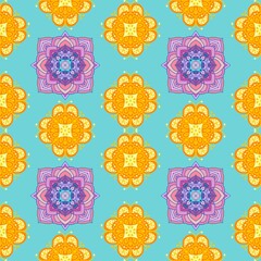 Colorful Mandala Seamless Pattern Orange Pink Turquoise