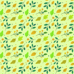 Seamless Botanical Pattern with Green and Yellow Leaves in Flat Style