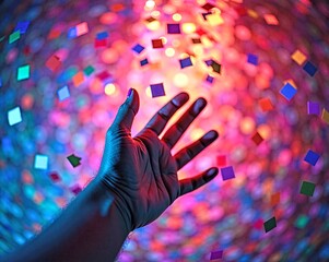 Hand Reaching Toward Colorful Digital Light Sphere with Squares
