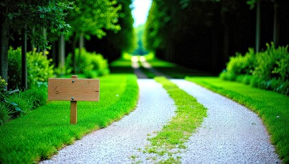 Wooden Sign by Road in Park Beside Lush Green Forest and Path
