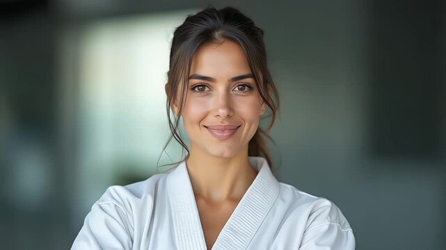 Confident young woman in karate gi poses smiling indoors with soft focus background