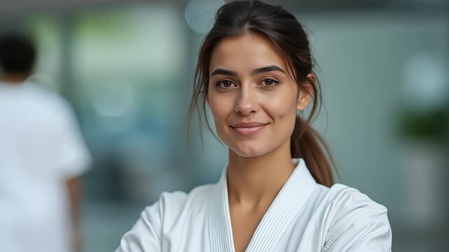 Confident young woman in karate gi smiles indoors with blurred background
