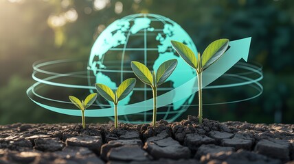 Four seedlings with golden-tipped leaves growing from cracked soil beneath a glowing turquoise wireframe globe and sweeping upward arrow, symbolizing global sustainability, progress, and ecological in