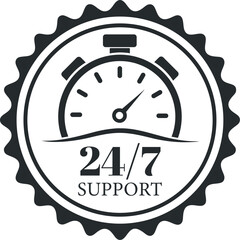 24 7 Support Badge with Stopwatch Icon for Customer Service and Availability
