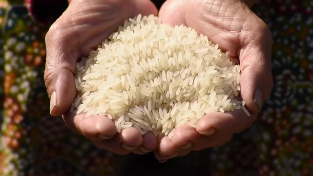 Rice grains held in two hands, showing a generous handful of the staple food with focus on the grain's delicate texture