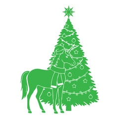 Naklejka premium Festive Christmas Unicorn with Scarf and Tree Holiday Celebration Icon