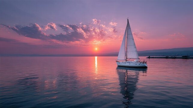 White Sailing Yacht on Calm Sea at Sunset with Purple Sky and Dramatic Clouds in a Peaceful Water Reflection Cinematic HDR Seascape