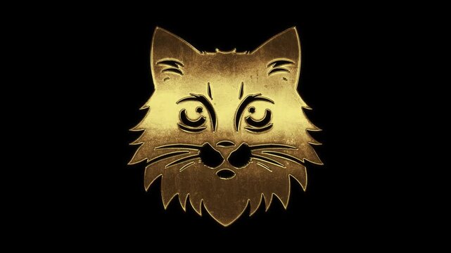 Cat face with slightly reflected outlines on a gold foil-like surface, loop, alpha channel

