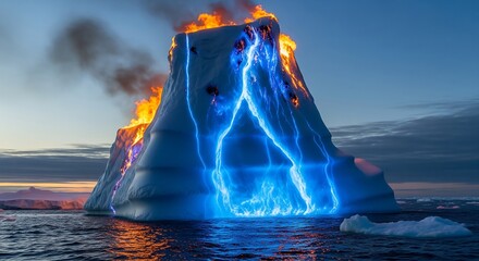 Dramatic Iceberg on Fire with Blue Energy Display in Dark Ocean Landscape