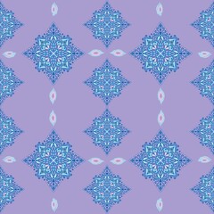 Seamless Ornamental Mandala Pattern with Blue and Pink Motifs on Purple Background