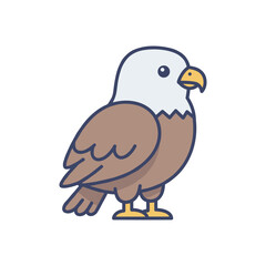 Flat vector illustration of a bald eagle with white head and brown feathers, standing pose, symbol of freedom and strength, isolated