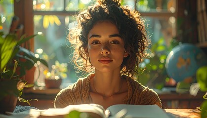 Young woman with curly hair reading a book by a sunny window surrounded by plants.