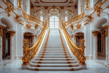 Ornate golden staircase in a grand palace interior baroque architecture opulent design high resolution image