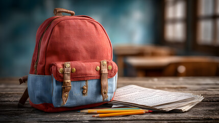 A child’s school backpack merged with test scores and standardized exams, symbolizing educational pressure.