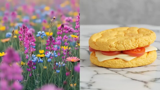 Delicious fluffy cloud bread sandwich with fresh tomatoes and cheese on marble surface
