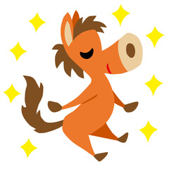 手描きのゆるい馬キャラクター(年賀、干支、午、キラキラ付)