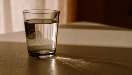 Clear glass of fresh water placed on a light table with natural reflections. Symbol of purity, hydration, wellness, and minimal lifestyle