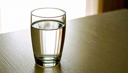 Clear glass of fresh water placed on a light table with natural reflections. Symbol of purity, hydration, wellness, and minimal lifestyle