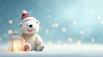 White polar bear with Christmas hat holding lantern in snowy winter scene, holiday illustration - Powered by Adobe