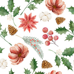 A lush seamless digital watercolor pattern combining traditional Christmas botanicals like holly, poinsettia, pinecones, and cotton bolls.