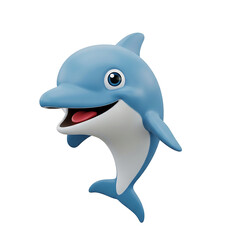 Cartoon 3D rendering of a smiling blue dolphin with white belly and visible teeth.
