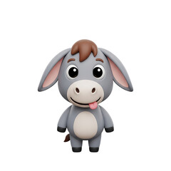 A cute 3D cartoon donkey character with big eyes and a playful expression, sticking its tongue out on a white background.
