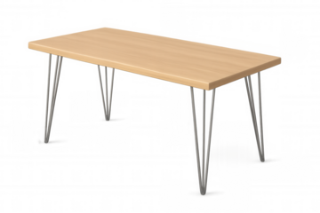 Wooden tabletop with metal hairpin legs standing on a transparent background, modern minimalist design furniture