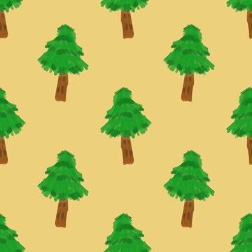 Seamless pine tree pattern &ndash; hand-painted evergreen trees on beige background