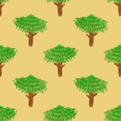 Fototapeta premium Seamless canopy tree pattern – hand-drawn wide leafy trees on beige background