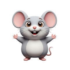 An adorable gray cartoon mouse with big ears and a happy smile, standing with open arms on a white background.