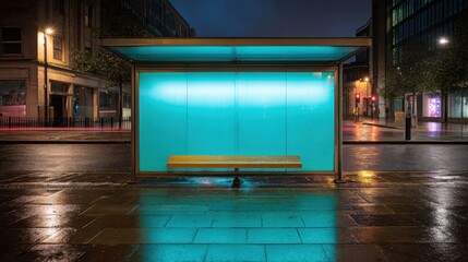 Modern urban bus shelter illuminated at night with neon lights sleek architecture wet pavement reflection and vibrant city street scene in a bustling city environment