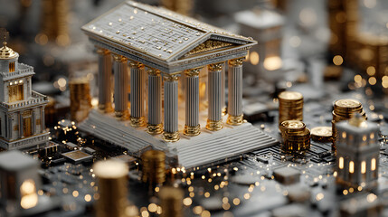 A futuristic decentralized bank with no physical location, operating on blockchain technology and digital currency