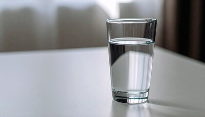 Clear glass of fresh water placed on a light table with natural reflections. Symbol of purity, hydration, wellness, and minimal lifestyle