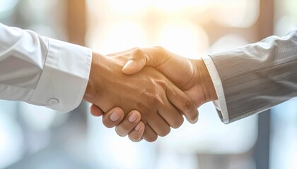 Close-up of two business professionals shaking hands in sunlight, symbolizing trust, teamwork, success, agreement, and professional collaboration.