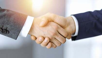 Close-up of two business professionals shaking hands in sunlight, symbolizing trust, teamwork, success, agreement, and professional collaboration.