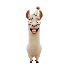 A cartoon llama wearing a party hat with a goofy expression and big teeth.