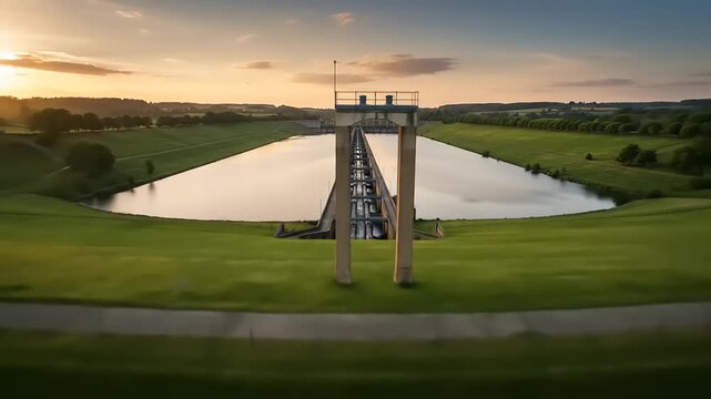 Aerial View of Grafenwoehr Dam at Sunset: Engineering Marvel and Scenic Landscape