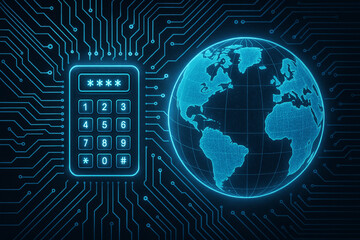 Calculator with planet Earth and digital circuit graphics, symbolizing smart technology, IoT connectivity, innovation, professions, global business and intelligent digital solutions