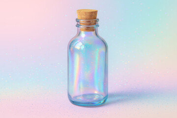 Transparent glass bottle with cork stopper on pastel iridescent background, minimalist still life, dreamy and elegant design for creative projects and modern concepts