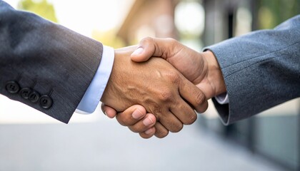 Close-up of two business professionals shaking hands in sunlight, symbolizing trust, teamwork, success, agreement, and professional collaboration.