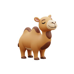 Cute 3D cartoon camel illustration with two humps, smiling with closed eyes, standing on a white background.