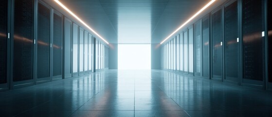 Modern futuristic server room with sleek architecture high-tech digital infrastructure advanced security clean design professional data center environment