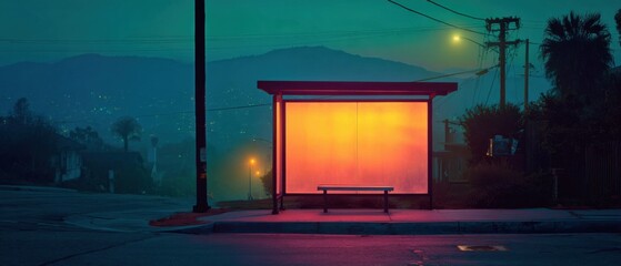 Modern urban bus stop shelter illuminated at night with sleek architecture outdoor lighting and scenic cityscape creating a safe and functional public transportation space
