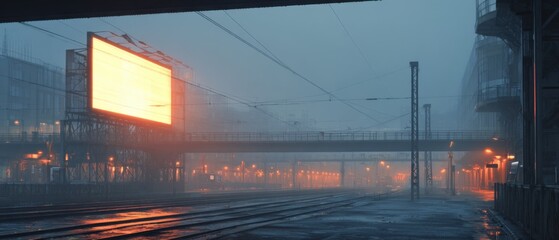 Urban night cityscape with illuminated buildings foggy atmosphere vibrant skyline reflective streets modern architecture glowing lights and atmospheric scenery in a bustling