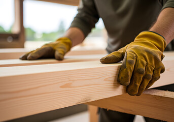 Carpenter carefully inspecting a wooden plank with his gloved hands in his workshop