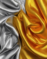 Elegant silk fabric with luxurious shiny surface in vibrant gold and silver colors perfect for fashion home decor and high-end textile applications