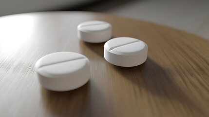 White, round pills on a wood surface. Three tablets, each with a score line, are close-up with shallow depth of field, conveying medicine and health.