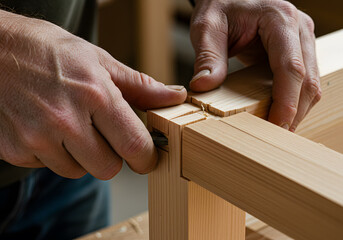 Close up of a carpenter assembling a wooden frame with precision and expertise
