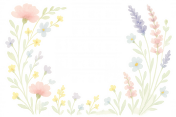 Watercolor floral border creating a delicate pastel garden frame with an open space on a transparent background