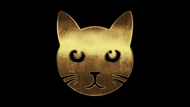 Cat face with slightly reflected outlines on a gold foil-like surface, loop, alpha channel


